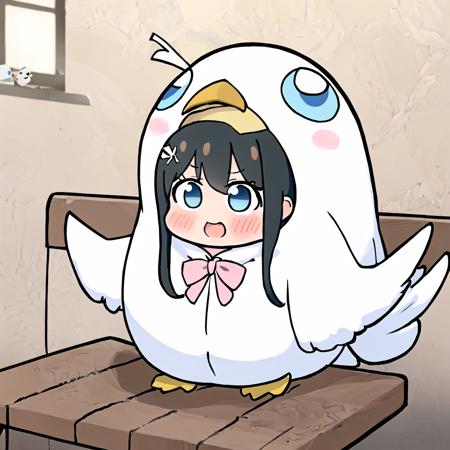 (masterpiece:1,2), best quality,bird costume <lora:bird costume:1>
production art,1girl, school uniform, long hair, aragaki ayase, black hair, blue eyes, serafuku, solo, kousaka kirino's school uniform, blush, open mouth, bench, sitting, skirt, looking at viewer,