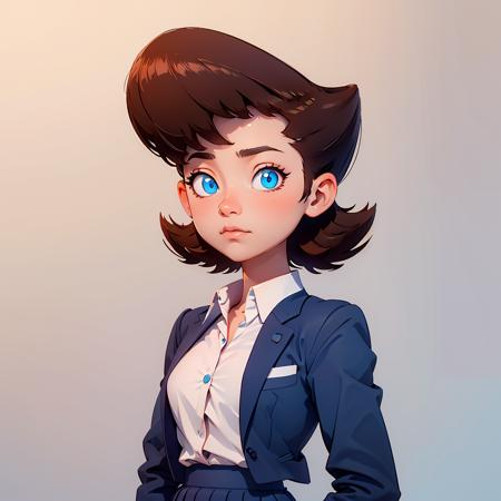 1girl, Lila test, formal, suit, jacket, blue skirt, pencil skirt , blue eyes, brown hair, white shirt, short hair,