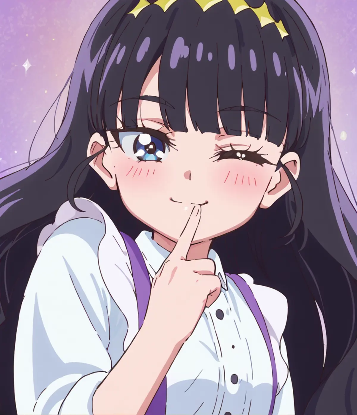 A girl with long, dark hair and blue eyes wearing a white blouse with purple suspenders, and a gold headband adorns her hair. The girl is smiling and winking, holding her finger to her lips. The background is a soft, purple gradient, which complements the girl's attire and enhances the overall aesthetic of the image.