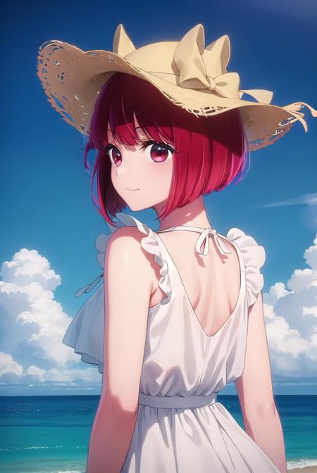 kanaarima, <lora:kana arima s1-lora-nochekaiser:1>,
kana arima, short hair, bangs, (red eyes:1.3), red hair, bob cut, smile,
BREAK hat, dress, ribbon, sleeveless, white dress, sleeveless dress, white headwear, sun hat, sundress,
BREAK outdoors, ocean, beach, sun, sky, clouds, day,
BREAK looking at viewer, (cowboy shot:1.5),
BREAK <lyco:GoodHands-beta2:1>, (masterpiece:1.2), best quality, high resolution, unity 8k wallpaper, (illustration:0.8), (beautiful detailed eyes:1.6), extremely detailed face, perfect lighting, extremely detailed CG, (perfect hands, perfect anatomy),