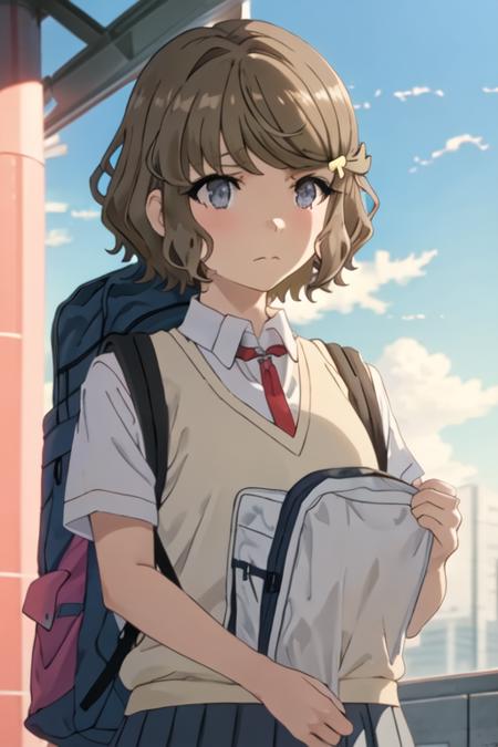 best quality, masterpiece, highres, solo, {koga_tomoe_seishunbutayarou:1.15}, brown_hair, short_hair, hair_ornament, hairclip, blue_eyes, bangs, grey_eyes, 1girl, closed_mouth, sweater_vest, white_shirt, backpack, bag, looking_down, shirt, short_sleeves, upper_body, school_uniform