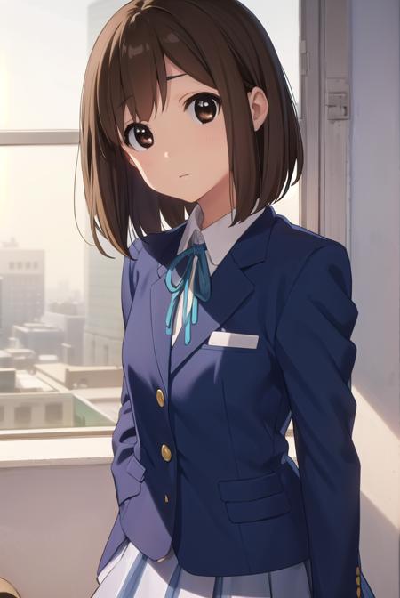 yuihirasawa, <lora:yui hirasawa s2-lora-nochekaiser:1>,
yui hirasawa, short hair, brown hair, hair ornament, (brown eyes:1.5), hairclip,
BREAK sakuragaoka high school uniform, school uniform, uniform, blazer, shirt, white shirt, collared shirt, skirt, pleated skirt,
BREAK indoors, classroom,
BREAK looking at viewer, (cowboy shot:1.5),
BREAK <lyco:GoodHands-beta2:1>, (masterpiece:1.2), best quality, high resolution, unity 8k wallpaper, (illustration:0.8), (beautiful detailed eyes:1.6), extremely detailed face, perfect lighting, extremely detailed CG, (perfect hands, perfect anatomy),