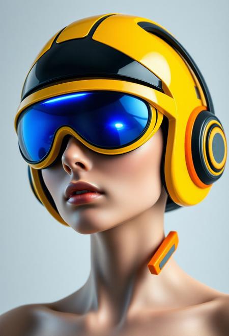 The womans's head is encased in a streamlined helmet, predominantly yellow with black accents. The helmet appears highly polished, with a smooth, almost glossy finish. Integrated into the helmet are large, circular, reflective lenses that cover the eyes entirely. The lenses glow with blue hue, giving off a cool, futuristic aura. These oversized goggles suggest an augmented reality or heads-up display function, typical of high-tech environments. Around the woman's ears are sleek, futuristic headphones, which are seamlessly built into the helmet design. These headphones are primarily Orange with grey, horizontal stripes along the side, indicating an interface for communication or audio enhancements. The skin tone appears smooth and artificial, hinting at synthetic or modified human characteristics