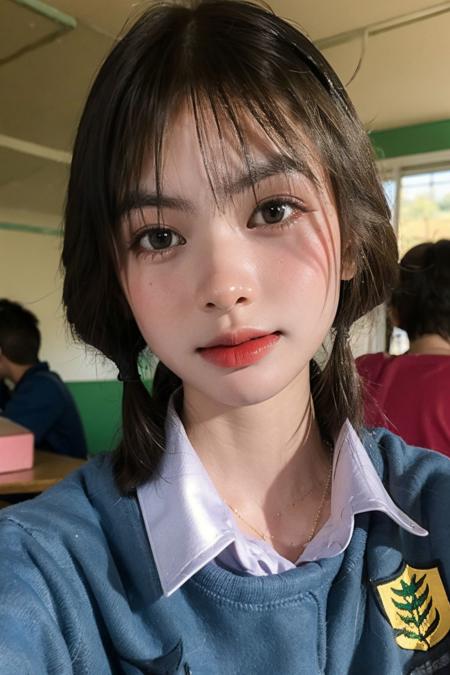 a photo of monrada_48, 18 year old girl in the classroom, close up, <lora:monrada_48-15:0.9>, (intricate details:0.8), (hdr, hyperdetailed:1.2), school uniform