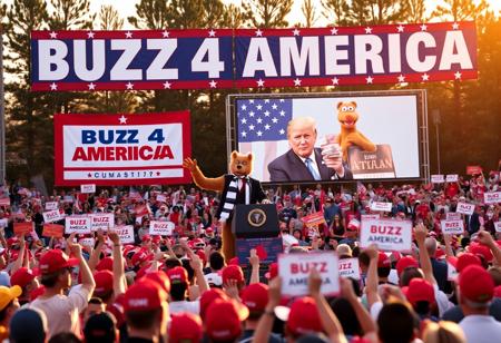 At a massive political rally in Alabama, Donald Trump stands confidently on a raised stage under bright spotlights, addressing an enthusiastic crowd. Standing beside him is ALF, the furry, brown alien from the ’80s TV show, wearing a red, white, and blue scarf. ALF enthusiastically waves to the crowd with one hand while munching on a snack in the other. Above the stage, a giant sign reads ‘BUZZ 4 AMERICA’ in bold red, white, and blue letters, framed with stars. The packed crowd is a sea of red ‘MAGA’ hats and American flags, with several people holding up signs that also say ‘BUZZ 4 AMERICA.’ ALF’s playful antics draw laughs as he stumbles over a stack of campaign flyers, sending them fluttering into the air. Behind Trump, a giant screen projects his image alongside a shot of ALF waving. The scene is set against a classic Alabama backdrop, with towering pine trees and the golden evening sun casting long shadows. The atmosphere is a mix of excitement and humor, as ALF brings a lighthearted energy to the high-stakes rally
