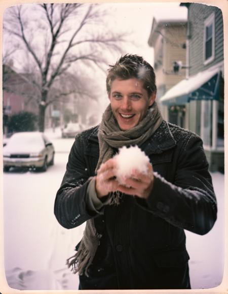 candid polariod photo of de4n man having a snowball fight on winter town street, snow, blizzard, windburned skin, nose blush, flushed pale skin, scarf, windy, dynamic pose, motion blur <lora:de4n-realvis-00:0.8> <lora:Polaroid:0.5> <lora:MJ52:0.5>