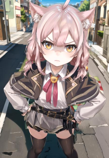 masterpiece, best quality, 1girl, <lora:ace_taffy_v2-000012:1.1> ,
ace_taffy_v2_p,black thighhighs,  yellow eyes, pink hair, brown capelet, angry, hands on hips, from above, looking at viewer, shaded face, 
blurry background, outdoors, street,