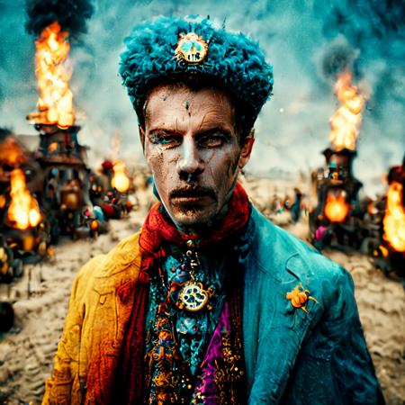 burning man festival, cinematic film still of man in colorful  steampunk clothes , shallow depth of field, vignette, highly detailed, high budget Hollywood movie, bokeh, cinemascope, moody, epic, gorgeous, film grain, grainy , <lora:oldMJstyle_v1_SDXL:1> by oldmjstyle