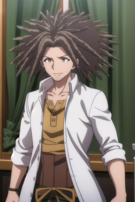 yasuhirohagakure, <lora:yasuhiro hagakure s1-lora-nochekaiser:1>,
yasuhiro hagakure, bangs, brown hair, (brown eyes:1.3), male focus, facial hair, dreadlocks, smile, grin,
BREAK shirt, collarbone, jacket, white shirt, open clothes, collared shirt, open jacket, black jacket, dress shirt, brown shirt,
BREAK indoors, classroom,
BREAK looking at viewer, (cowboy shot:1.5),
BREAK <lyco:GoodHands-beta2:1>, (masterpiece:1.2), best quality, high resolution, unity 8k wallpaper, (illustration:0.8), (beautiful detailed eyes:1.6), extremely detailed face, perfect lighting, extremely detailed CG, (perfect hands, perfect anatomy),