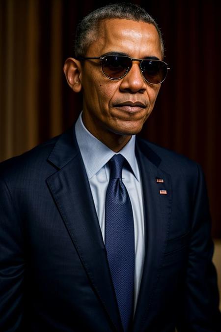 RAW photo, Barack Obama, 8k uhd, dslr, high quality, cinematic lighting, photorealistic, realistic, business suit, cross-laced clothes, collared shirt, unbuttoned shirt, sunglasses, dimly lit <lora:epi_noiseoffset2:0.9>, low key, serious expression, intricate details,