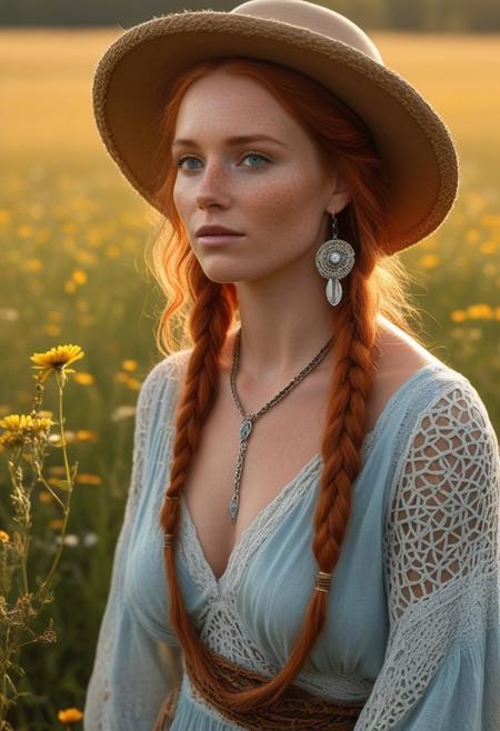 A mesmerizing hyperrealistic close-up portrait of a striking woman with long, ginger dreadlocks, each adorned with tiny boho charms, wooden beads, and delicate feathers, gently swaying with the soft breeze of an autumn afternoon. She stands gracefully amidst a vibrant meadow of wildflowers, bathed in the golden, dappled light of the setting sun. Her curvaceous form and ample bust are draped in a flowing bohemian gown of soft earth tones, its intricate crochet patterns and deep V-neckline highlighting her natural allure. The light fabric billows slightly in the wind, teasing glimpses of her silhouette and creating an enchanting play of light and shadow. A wide-brimmed felt hat, adorned with woven leather bands and dried herbs, rests atop her head, casting soft shadows over her freckled face. Her light-blue eyes shine with a serene wisdom as she gazes into the distance, her silver bangles and gemstone rings catching the last rays of the sun. The air is rich with the scents of wildflowers and warm earth, while the soft rustling of the meadow and distant bird songs add to the ethereal, bohemian atmosphere. She radiates the spirit of freedom and harmony, deeply attuned to the natural world and the quiet magic of twilight.
