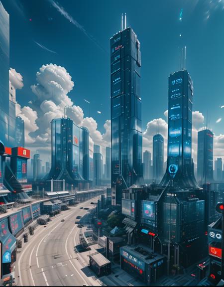 <lora:CW_03_lunis_sdv2:1> lunisdst. This photo depicts a sprawling futuristic street in a city under a bright blue sky filled with fluffy clouds. The scene is dominated by an enormous, sleek skyscraper with glowing blue lights and complex geometric designs, towering far above the other high-rises in the background. The architecture features a mix of glass and metal, creating a glossy, ultra-modern look throughout the skyline.