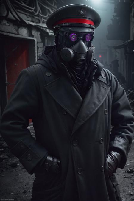 captain_zee  officer, uniform suit, peaked cap, gas mask, night goggles, cloth cloak