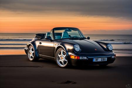 a black porsche964 cabriolet car angled view parked on a beach, at sunset, warm light, global illumination, volumetric lighting, highly detailed, insanely detailed, absurdres, best quality <lora:Porsche 964 Cabriolet-000004:1>