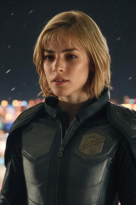 headshot, a woman in a black leather suit standing at the balcony, snowy, at night, soft colors, bokeh, masterpiece, high quality, (high detailed skin:1.1)
 <lora:cassandra_anderson_dredd_lora_v01:0.85> and3r5on