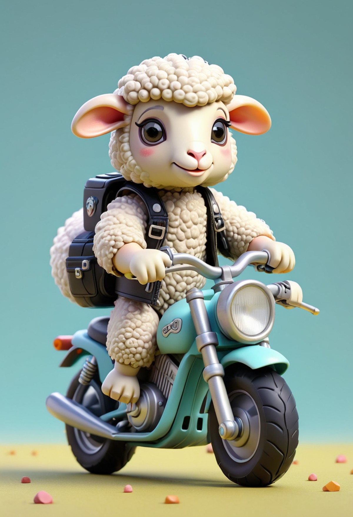 miniture, tiny cute sheep toy, riding motorbike, plastic texture, soft smooth lighting, soft pastel colors, skottie young,...