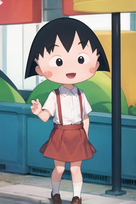 chibi, cbmrk, suspenders, black hair, short hair, red skirt, white shirt, :d, city, <lora:chibi_maruko-000003:1>