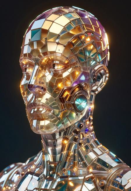 A vibrant, stylized cyborg (detailed parts:1.2),  glowing with fluorescent colors, set in furnished City background.  The cyborg's parts appear fluorite crystal, with smooth, flowing, and reflective surfaces, (detailed textures:1.2).  The Ciscuits, cyborg skin are highly detailed, showcasing a unique interplay of light and color, creating a captivating visual effect. BREAK.  The cyborg's head and body are a golden, metallic bronze hue (detailed metal board: 1.2), golden eard. BREAK. Strong lighting highlights the cyborg's texture, Photorealistic style, digital art, hyperrealistic style, vibrant colors,  glowing effect, and dark background. Crystal cyborg of fluorite, with a golden head, cyborg body. Ethereal.