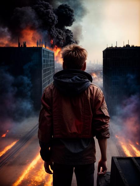 man, back view, standing at surreal, burning desolated city,  wide angle shot, (lofi, messy,  photography, photorealism, portraits, bokeh ), (by Jamie Hawkesworth, Janek Sedlar ),  <lora:add_detail:1>