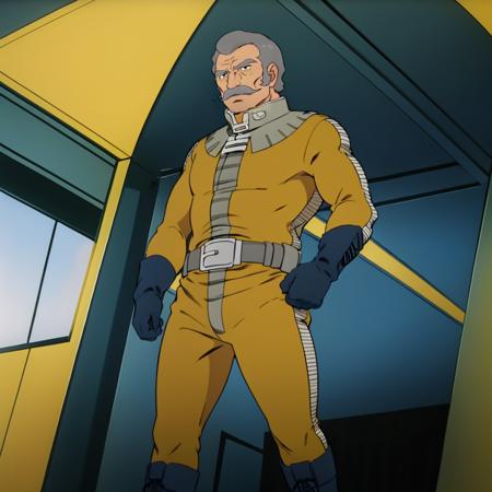 rambaral,1oldman, rambaral,1oldman, grey hair,black eyes,mustache,facial hair, military uniform,zeon,epaulettes, belt,pants, knee boots, zhong guang helmet, rambaral,1oldman, grey hair,black eyes,mustache,facial hair, pilot suit, gloves, belt, boots, spacehelmet,