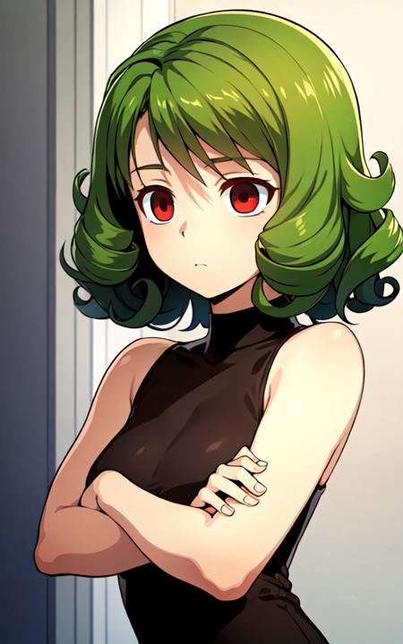 blank_eyes, expressionless,  arms_down,  red_eyes, curls,curly_hair,  green_hair, short_hair, solo, 1girl, realistic:0.8, <lora:L_BlankEyes_v1:0.5>