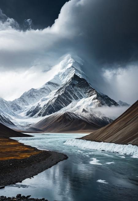 Tibet.  A huge mountain with a snowy peak rises from behind. Black clouds, cloudy, gloomy atmosphere, wind.Black clouds, Transparency, reflections, water, overcast, gloomy atmosphere, wind, ragged fog. The mountain looms over and overwhelms with its gigantic power. A huge avalanche is rushing down from the top., futuristic atmosphere. Perfect Composition,  A masterpiece. An otherworldly atmosphere.