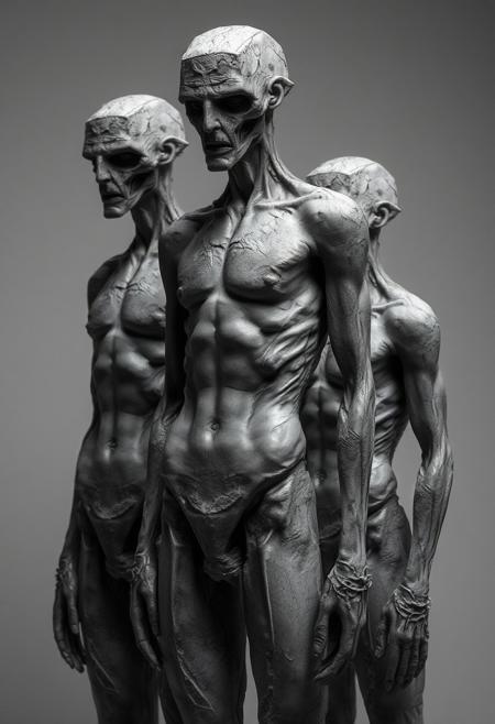 human bodies, raw, unrefined textures, harsh and angular forms, abstract figures, distorted anatomy, minimalist design, geometric shapes, rough edges, primal and industrial aesthetic, concrete-like skin, exaggerated muscles, stark lighting, monochromatic tones, dystopian vibe, sculptural appearance, unsettling, high resolution, photorealism, (severe expression:1.3), (raw materials:1.4), (emphasis on form:1.2), minimal details, (blurry:-1.2), (ugly:-1.3), (cartoonish:-1.1), (smooth surfaces:-1.4), (polished:-1.3), (low quality:-1.2), (overly ornate:-1.5), (disjointed anatomy:-1.3), (soft lighting:-1.2), (vibrant colors:-1.4), (noisy:-1.1), (bad composition:-1.3)