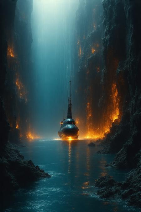 A colossal research submarine glides through a cobalt abyss, its blazing headlights slicing through aqueous gloom to unveil a labyrinth of undulating coral towers. Shot from a dramatic low angle, the sub’s metallic hull gleams under refracted beams that ignite fiery vermilion and amber polyps, their bioluminescent veins pulsing in sync with swirling plankton. Inspired by James Gurney’s luminous realism and Art Nouveau’s organic curves, the scene merges chiaroscuro contrasts with liquid textures—silken water, jagged basalt, gelatinous tendrils. Misty light rays diffuse into indigo depths, revealing crumbling stone arches draped in coral, while shadowy schools dart like fractured dreams, suffusing the silence with primal awe.