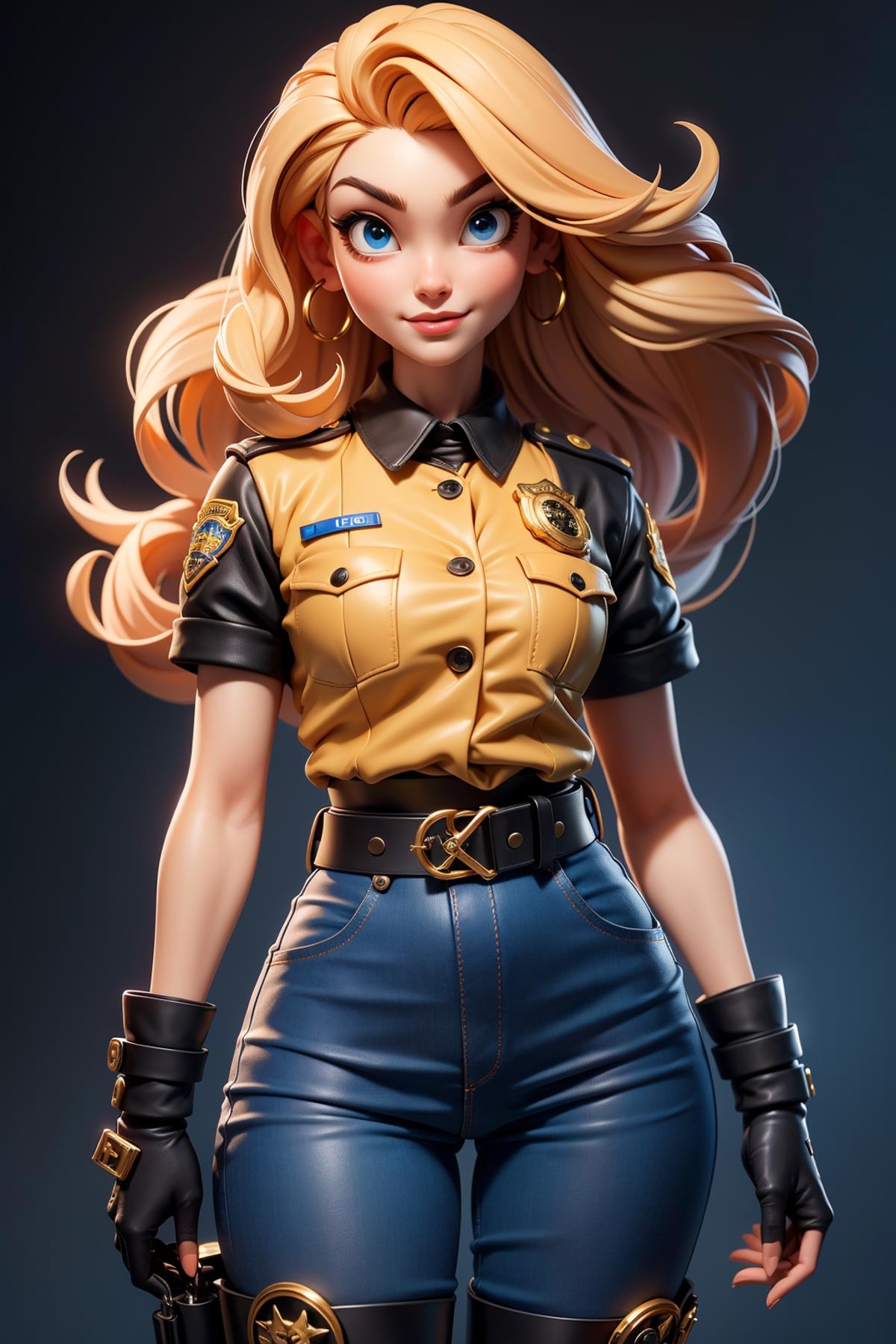 A 3D model of a woman wearing a yellow police jacket, blue jeans, and black boots.