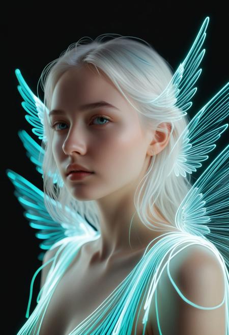 (tiny neon glass filaments,)
face focus, face closeup,
beautiful innocent woman, pale skin, fairy girl, white hair,swirling magical fairytale abstract, (wings attached to shoulders:1.1),  ArtStation style tiny neon glass filaments, made of, tiny neon glass filaments, w0gf1l