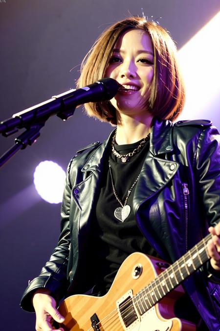 best quality, ultra high res, (photorealistic:1.4), masterpiece, Concert background,1girl,detailed eyes,hair decoration,trendy expression,jacket,top,pants,(style:1.5),standing,On stage,Play the guitar,sing(looking at viewer), <lora:yaobeina:0.8>