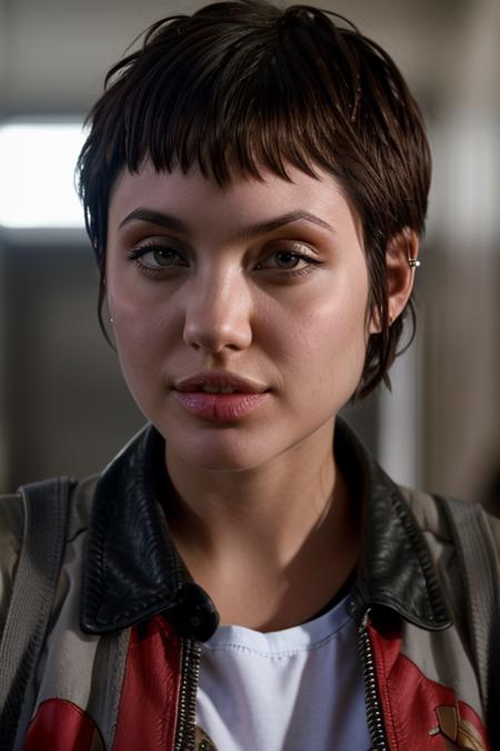 real, atmospheric scene, masterpiece, best quality, (detailed face, detail skin texture, ultra-detailed body),(cinematic light:1.1),
<lora:angelinajolie_hackers_lora_smf_01-000004:0.9>, 1girl, ang3l1na-ha3k3rs-smf, realistic, black hair, short hair, blurry, earrings, jewelry, ear piercing, solo, jacket, piercing, upper body, nose, teeth, lips, blurry background, shirt, parted lips, solo focus, depth of field, looking to the side