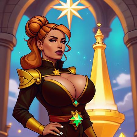 <lora:westernvisualnovel style e12:0.8> westernvisualnovel style, Bailiff cuban woman Hourglass body Caramel hair  Top knot   Amber eye color fantasy setting holding Morning star in background The Tower of Oblivion: A stronghold where forgotten secrets and dark magic are hidden