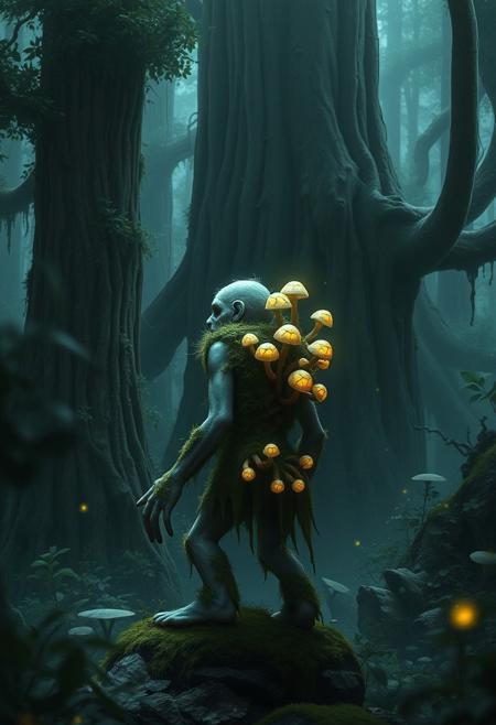 Small zombie sage with moss-covered skin, glowing mushroom spores on back, dense forest with towering trees, oversized flora, magical atmosphere,
 [(dark and haunting, art style fusion:1.25) ::0.35], (inspired by Nicola Samori and Rebeca Saray), [eerie and macabre themes: intricate details: 0.70], [hauntingly beautiful characters: dark fantasy elements: 0.60], fusion of styles, dark and mysterious ambiance, intricate detailing