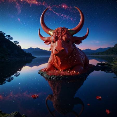 (designed by Eiichiro Oda:0.7) , anime key visual, Dreamy lake and Red giant in background, intricate background, cinematic shot of a Fascinating Lifelike TaishÅ Era (Taurus constellation:1.3) , it is covered in Decals, it is inspired by a Orc, near Adorable The Sphinx of Giza, at Blue hour, horizon-centered, Magic Realism, Lustful, Nanopunk, key light, L USM, Calotype, under water, vignette, artstation, photolab