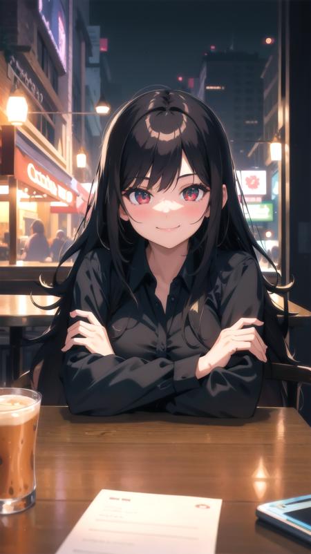 (ultra detailed,ultra high res,detailed background),(night),(distant),chiaroscuro,cafe,indoors,solo focus,streetspace,neon lights,pov across table,(by the window),BREAK
1girl,arms crossed,smile,facing viewer,looking at viewer,sleepy,black hair,long hair,sitting,black collared shirt,BREAK