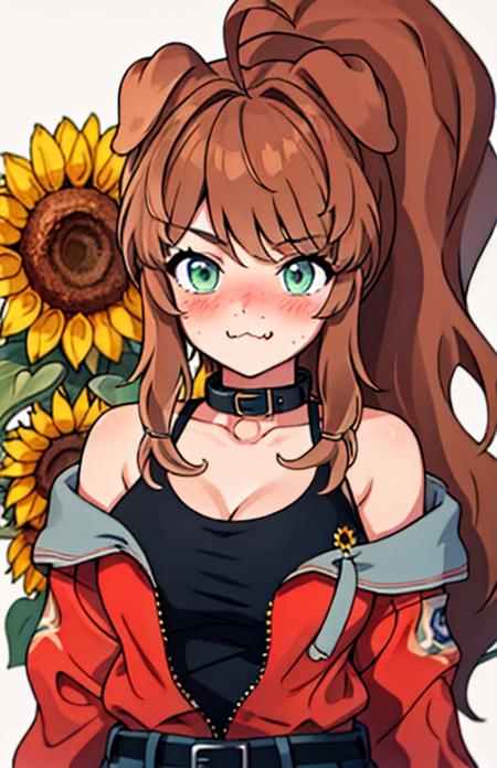 LilyBell_VT, 1girl, solo, long hair, breasts, blush,  bangs, large breasts, brown hair, animal ears, green eyes, ponytail, flower, ahoge, fang, collar, dog ears, sunflower, 