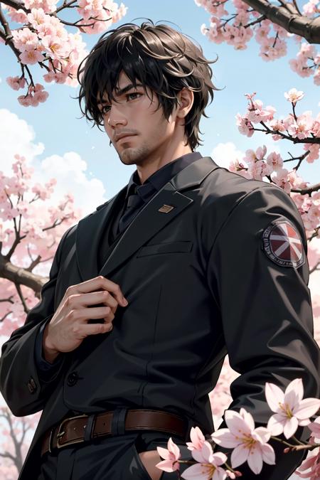 ((ultra detailed, masterpiece, best quality))
 <lora:RE3Carlos:0.8>
RE3Carlos, 1boy, solo, brown eyes, Beneath a cherry blossom tree in bloom, modern suit with a hint of traditional influence, stoic expression while holding a sakura branch