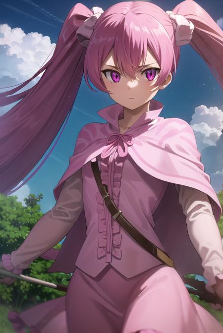 agkmine, <lora:agk mine s1-lora-nochekaiser:1>,
mine, long hair, twintails, pink hair, (pink eyes:1.3),
BREAK dress, pantyhose, pink dress, capelet, pink capelet, pink skirt, skirt, long sleeves,
BREAK outdoors, nature, forest, trees, grass, sky, clouds,
BREAK looking at viewer, (cowboy shot:1.5),
BREAK <lyco:GoodHands-beta2:1>, (masterpiece:1.2), best quality, high resolution, unity 8k wallpaper, (illustration:0.8), (beautiful detailed eyes:1.6), extremely detailed face, perfect lighting, extremely detailed CG, (perfect hands, perfect anatomy),