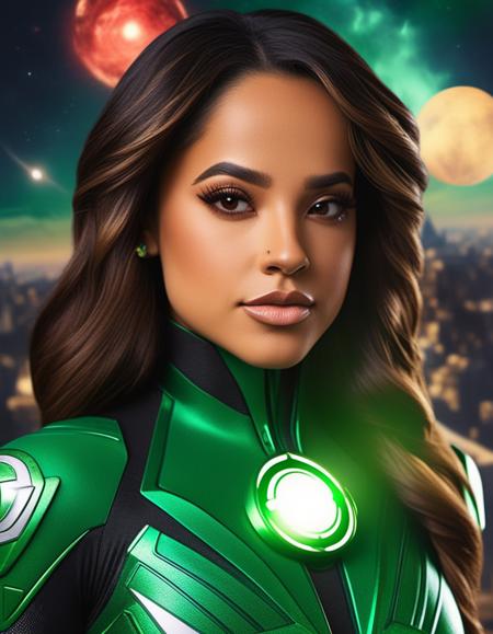 close photo of beautiful a woman, ((bckygrebmargom)), cosplaying as Jessica Cruz , the green lantern from DC comics, space background, dramatic light, best quality, skin texture, skin detailed, serious look on her face, facing the camera, face front, sharp details,<lora:bckygrebmargom:1>