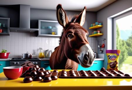 naughty donkey stealing chocolate out the kitchen. hyperdetailed, hyperrealistic, vivid colors, Ultra High Definition 64K, Detailed and Intricate, Digital Art, Realistic, Cinematic, Studio Lighting, Beautiful Lighting,landscape view