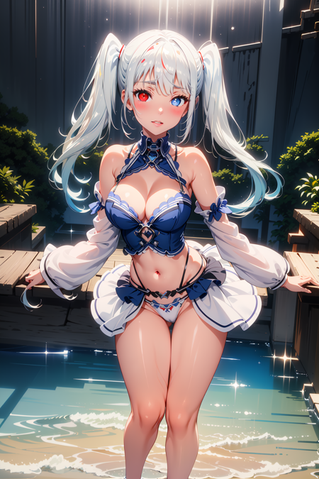 1girl, solo, masterpiece, best quality, light particles, (blush:1.3), parted lips, standing, thick thighs, legs together, focus on eyes, looking at viewer, shiny hair, shiny skin, bikini, pool background, water, white queen, clock eyes, white hair, bangs, low twintails, (right red eyes:1.2), (left blue eyes:1.2), heterochromia, (small breast:1.2), long white hair, tied, symmetrical twintails