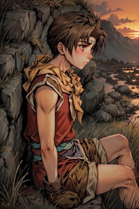 RiouSuikoden,1boy, solo,  yellow scarf, red tunic, sunset, grass,  stone wall, looking to the side,  from side, sitting, sad, <lora:Riou_Suikoden2V1.6:1>