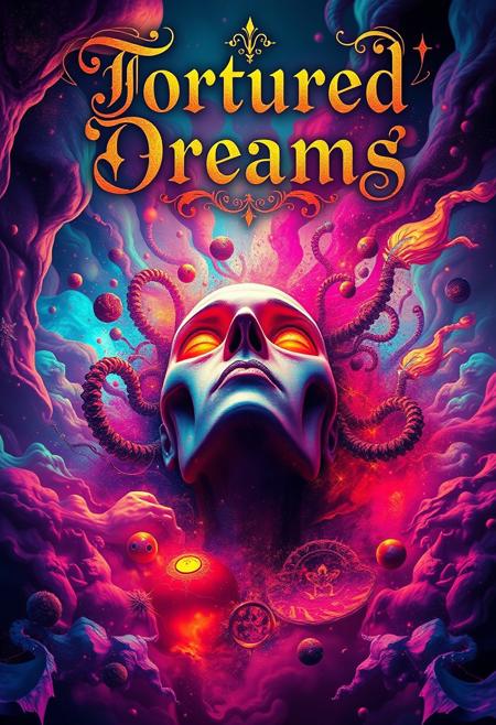 A vivid color digital art piece with unearthed glow and subsurface scattering of neon colors,  depicting the dreams of a schizophrenic, chaotic,  surreal image, written above the main focus of the image in elegant filigree and calligraphy lettering are the words "Tortured Dreams"