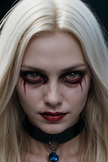 Vampire in a bloody scene, with his face covered in fresh blood as his gaze pierces through the camera, long blonde hair framing his face, fixing his gaze on the viewer with intense eye contact, eyes of hypnotic sapphire red, a choker adorning his pale neck, a devilish smile revealing sharp fangs, a dynamic composition creating tension, highlighting the unique texture of his pale and translucent skin, seen from above to add a sense of dominance over the observer, sharp focus to highlight every macabre detail. Horror theme with a Dutch angle to increase the sense of unease and tension