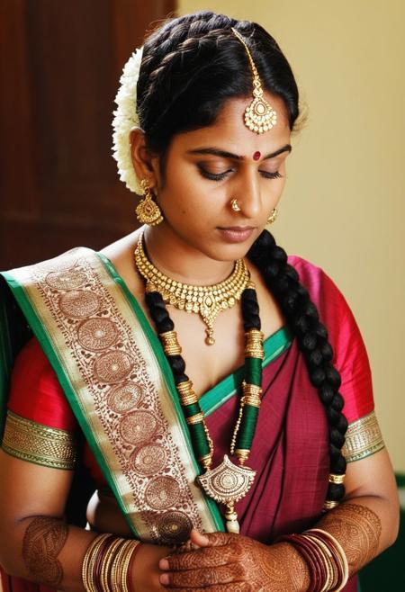 (Hindu woman), (1boy, Sex, Missionary Sex, saree:1.4), (Large boobs :1.4), (3D, Veins, Birth marks, Sweating , Bindi, Nose ring, Bangles, Mehndi :1.2),(True skin, hair braid:1.5)