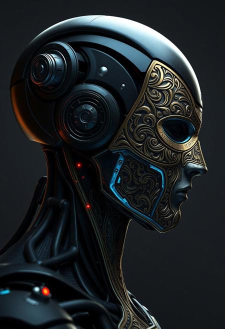 Title: Cybernetic Masked Warrior – Side Profile
Style: Futuristic, sci-fi, high-detail concept art
Perspective: Right-side profile view
Lighting: Strong, high-contrast lighting from behind and above, illuminating the contours of the face with a slight glow
Subject Description:
Head and Face: The character is a humanoid cyborg with a sleek, black mechanical head. The face is covered by a sculpted, ornate metallic mask that appears semi-integrated into the skin. The surface of the mask is highly textured with an intricate pattern resembling circuitry or ancient carvings, blending gold, silver, and iridescent blue highlights.
Facial Features: The mask retains realistic human facial features (nose, lips, brow), but is stylized and mechanical. There's a glowing red mark or light near the cheek, possibly a sensor or a scar-like accent.
Helmet and Machinery: The back and top of the head are encased in dark, rounded armor or helmet plating, embedded with a rotating gear-like mechanism near the ear. This component looks like a high-tech audio or power module, connected with mechanical joints and wires.
Energy Effect: A bolt of cyan-blue energy arcs across the face, from below the chin diagonally toward the headgear, suggesting a surge of power, data, or transformation.
Background: Clean, soft white gradient with faint shadows and smudges, creating a stark contrast that emphasizes the character’s metallic textures and silhouette.