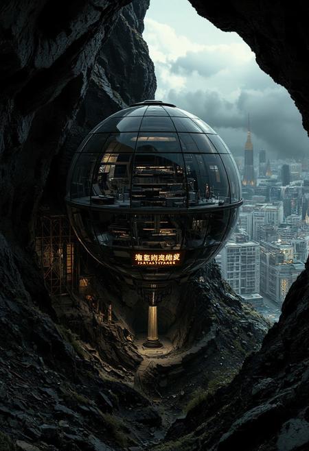 fully enclosed spherical building, levitating partially buried underground, sci-fi architecture, glowing neon sign "Humankind Datastorage AI Bookshell", post-apocalyptic environment, overgrown ruins, scorched earth, broken technology, desolate cityscape in background, mysterious atmosphere, cinematic lighting, dramatic shadows, concept art, ultra-detailed, 8k