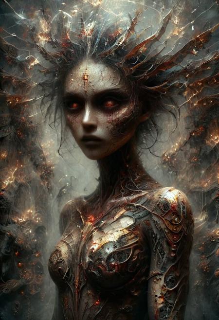 rust demon, Judge of the Damned, cyborg, robot, scify, dark flesh, deep red eyes, demon wings, dark canvas shaman clothes with gold plating, tattoos, demon in the cage, rage, beast, no humanity, 
full body, highly detailed face, cute face, 
deep red eyes, demon wings, dark canvas shaman clothes with gold plating, tattoos, vivid colors,
scary, mysterious, aura of necromancy, horror, fractal art, dark art, 
Street Art by Yosuke Ueno, Arkhyp Kuindzhi and Frank Holl, russian luminism, social realism,  
Impromptu dissection was performed under less-than-optimal lighting conditions, 
highly detailed, trending on artstation, sharp focus, intricate details, epic scene, cinematic lighting, best quality, masterpiece, intricate detail