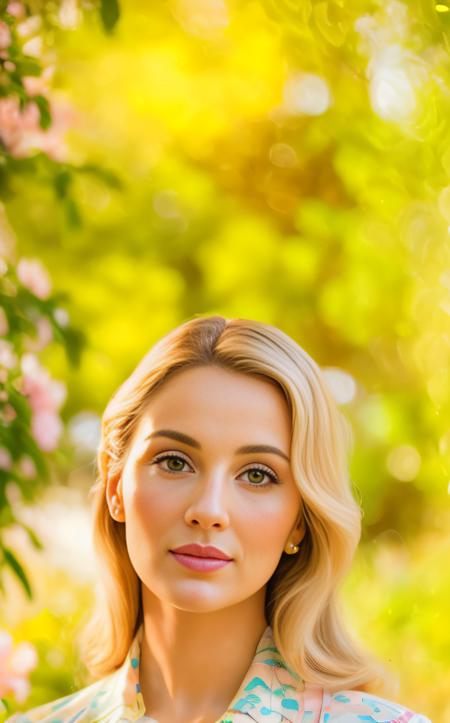 Pop Art style ((best quality)), ((masterpiece)), (detailed), 8K, portrait of a sexy adult lady, warm and kind expression, soft smile, wearing a pastel blouse, gentle waves in her hair, natural lighting, (photo realism:1.4), (impressionist style:1.2), close-up shot, blurred garden background . Bright colors, bold outlines, popular culture themes, ironic or kitsch